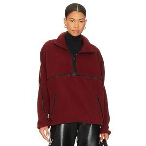 Lamarque Helsa Half-Zip fleece Pullover Size extra small Syrah red Black leather